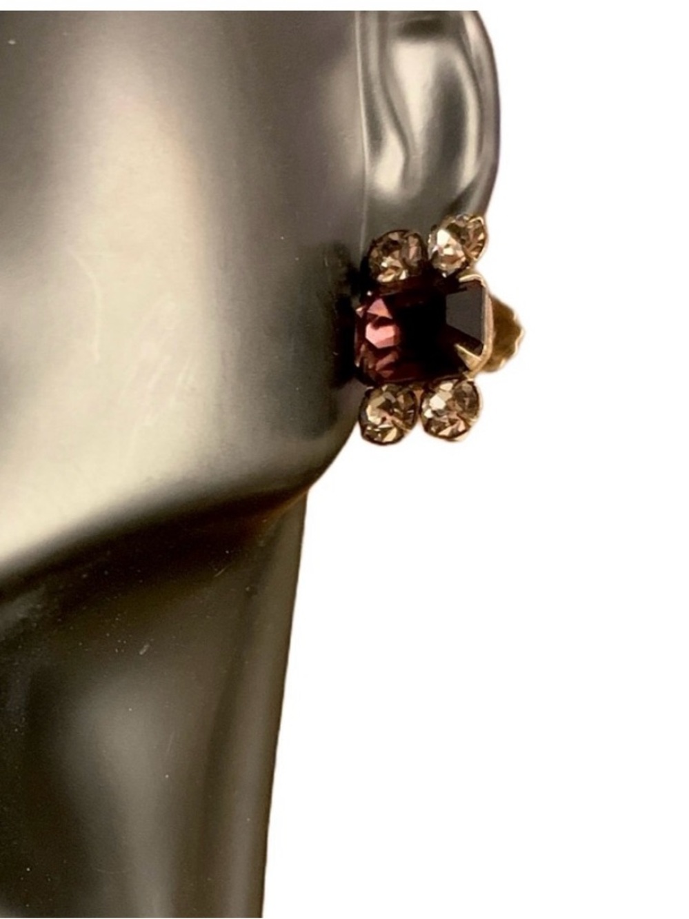 VINTAGE CIRCA 1960'S GOLD TONE PURPLE & CLEAR RHINESTONE NON-PIERCED EARRINGS